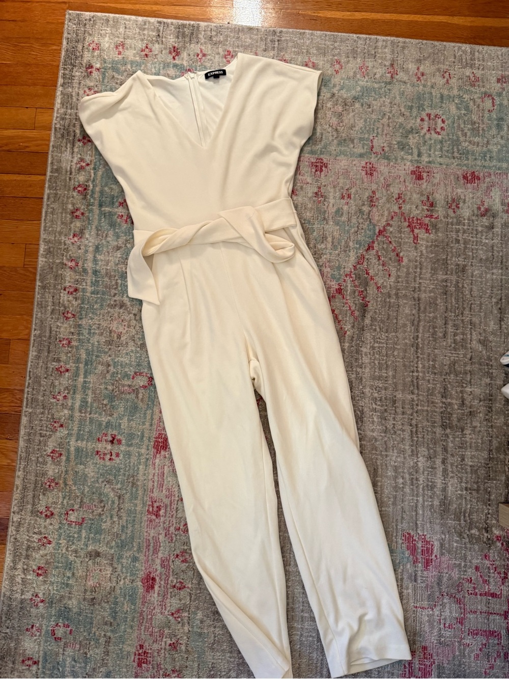 Express V-Neck Tie Waist Straight Leg Jumpsuit with Pockets-White - Picture 14 of 14